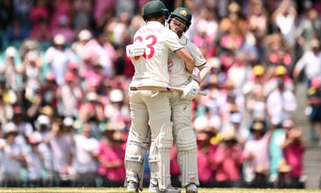Marnus Labuschagne congratulates David Warner for reaching a half-century in the second innings of the third Test