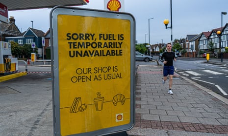 A sign outside the forecourt of a Shell filling station in Wimbledon, south-west London, as the fuel supply crisis continues.