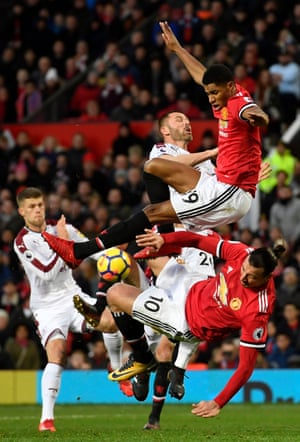 Zlatan Ibrahimovic and Marcus Rashford of Manchester United get in each others’ way as they attempt to get back into the game after going two goals behind.