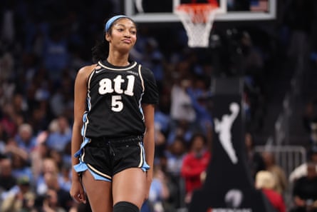 Atlanta’s Angel Reese celebrates after making a three-pointer against the Valkyries during the second quarter.