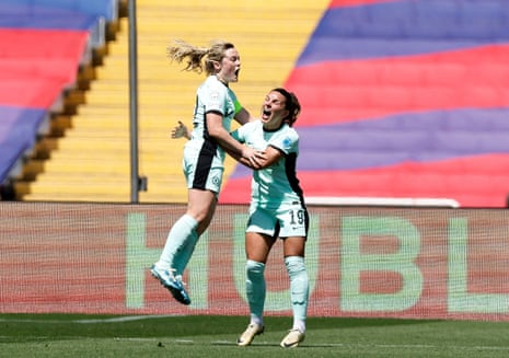 Chelsea's Erin Cuthbert (left) celebrates with Johanna Rytting Kaneryd after opening the scoring against Barcelona.