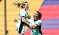Chelsea's Erin Cuthbert (left) celebrates with Johanna Rytting Kaneryd after opening the scoring against Barcelona.