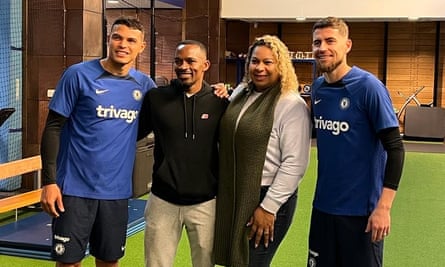 Endrick’s parents, Douglas and Cíntia, with Thiago Silva (far left) and Jorginho at Chelsea’s training ground at Cobham in November 2022.