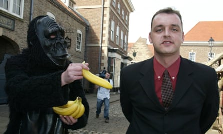 Stuart Drummond, sans monkey costume, meets a rival after being elected Hartlepool mayor in 2002.
