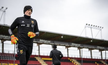 English goalkeeper Andrew Mills takes part in a training session at Ostersund. Swedish clubs were among the first in Europe to return to training.