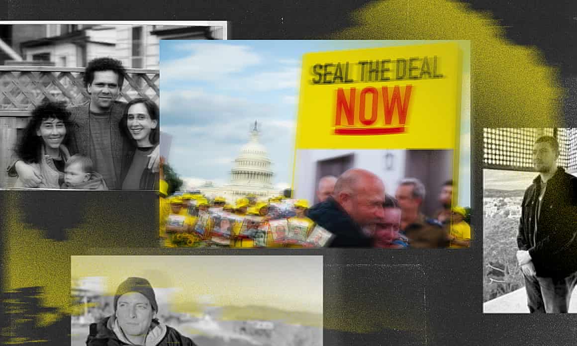 A composite of two Jewish Americans who spoke to the Guardian are seen alongside a photo of a family and a photo of a demonstration in front of the US Capitol calling for the return of hostages.