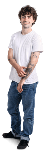 A man with a white T-shirt and blue jeans