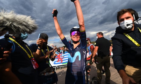 Annemiek Van Vleuten of Netherlands celebrates after winning stage seven after some brutal climbs.