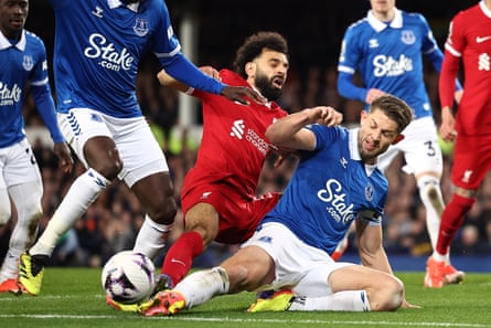 James Tarkowski tackles Mohamed Salah