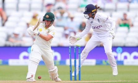 Beth Mooney is bowled by Sophie Ecclestone during the fourth day of the Ashes Test