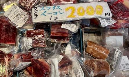 Frozen cuts of whale meat on sale at Karato seafood market in Shimonoseki