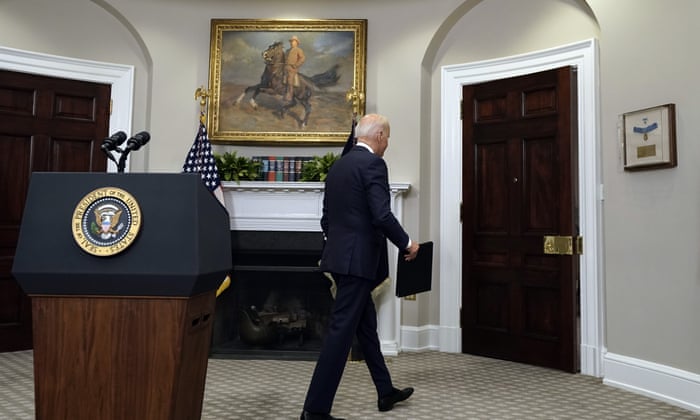 Walking away. Joe Biden leaves the room at the White House after addressing the press and public, without taking questions, this afternoon.