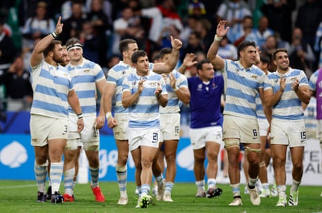 Argentina's Tomas Cubelli and teammates wave to the fans as they celebrate their victory over Samoa.