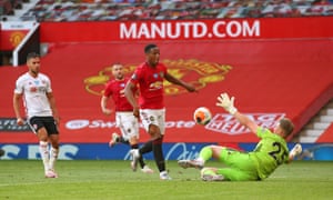 Anthony Martial lifts the ball over Blades’ keeper Simon Moore for his, and Manchester United’s, third.