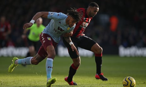 Tyrone Mings of Aston Villa battles for possession with Bournemouth’s Callum Wilson in February