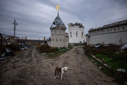 An abandoned dog stands in front of a part of a destroyed Orthodox monastery in the village of Dolina.