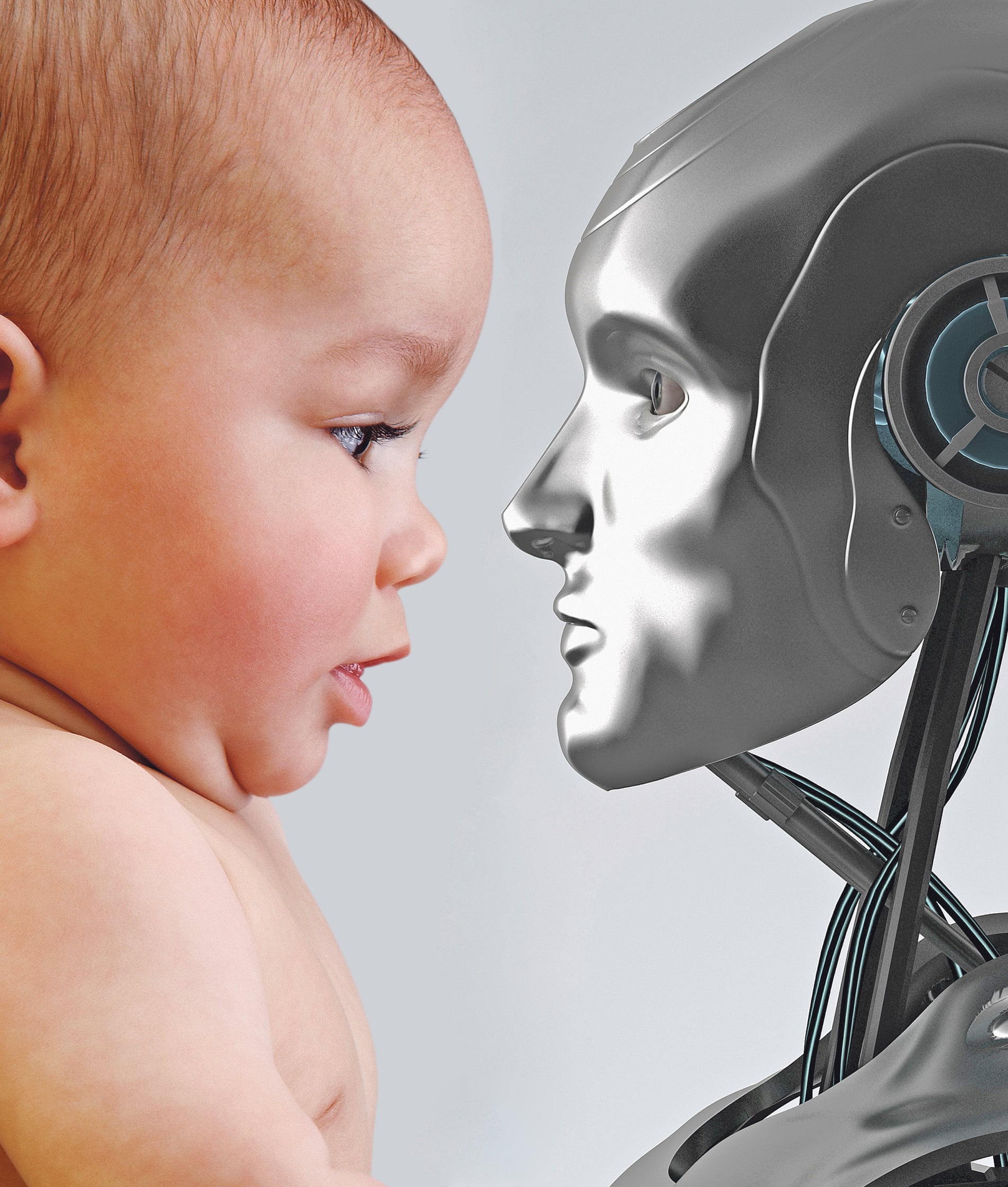 illustration: baby and robot face-to-face