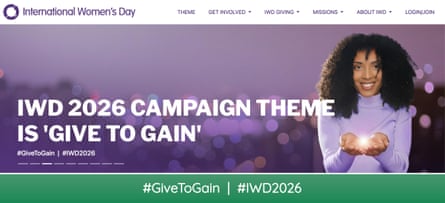 A purple and green web page with ‘IWD 2026 campaign theme is Give to Gain’ sign and a woman wearing a lilac sweater