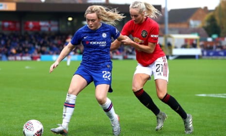 Manchester United’s Millie Turner, right, in action against Chelsea, their opponents on Wednesday night.