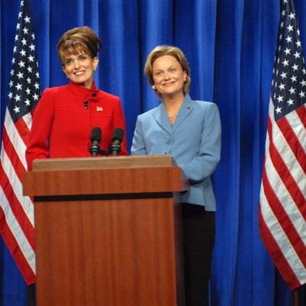 Fey as Sarah Palin and Poehler as Hillary Clinton on Saturday Night Live, 2008.