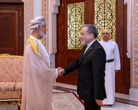 Iran’s foreign minister, Abbas Araghchi (right), visits the Sultan of Oman, Haitham bin Tariq