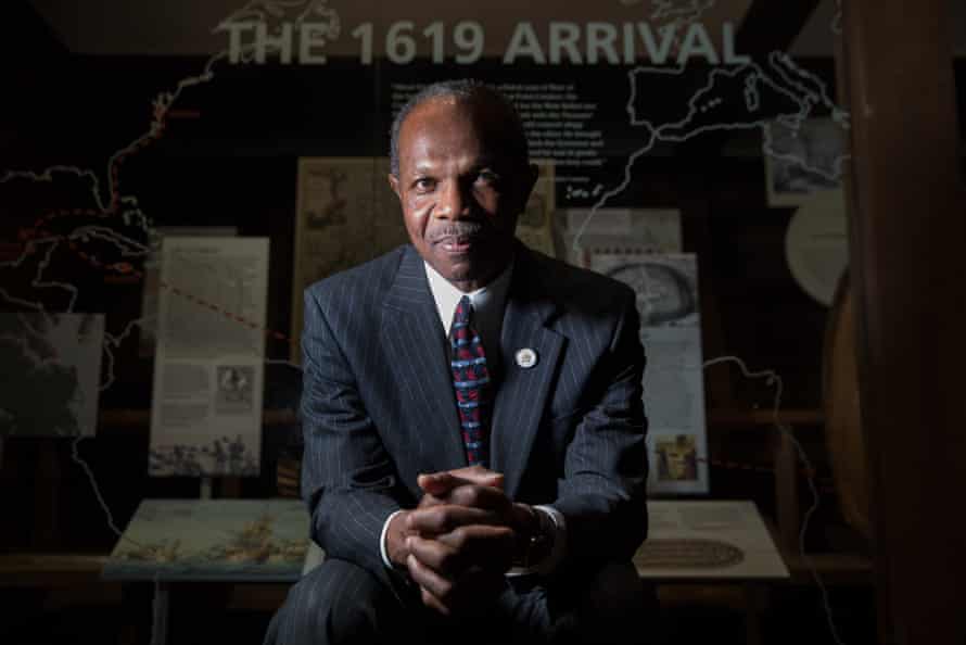 Mayor Donnie Tuck at the Hampton History Museum in an exhibit commemorating the 1619 first arrival of Africans in English-occupied North America.