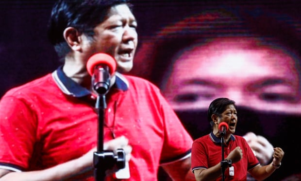 Presidential candidate Ferdinand 'Bongbong' Marcos Jr, son of the late president Ferdinand Marcos, delivers a speech during a rally in Quezon City, Metro Manila, on 14 February.