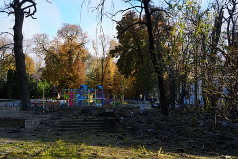 A view of the damage near a childrens’ playground in Kyiv this morning.