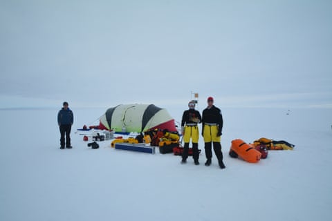 Field camp and expeditioners on the Totten glacier during data retrieval and resetting of field monitoring equipment. Ben Galton-Fenzi on far right stands next to Madi Gamble-Rosevear.