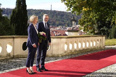 Liz Truss with the Czech Republic’s prime minister, Petr Fiala, before a meeting at the prime minister’s official residence in Prague.