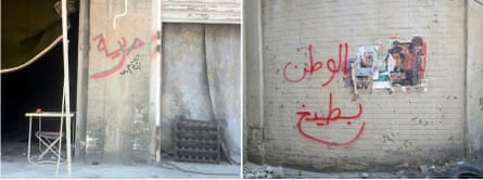 The graffiti on the left says: ‘Freedom … now in 3D’. The one on the right says: ‘Homeland is watermelon’ (which is slang for not to be taken seriously).