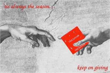 Poster showing Michelangelo’s Creation of Adam with God handing Adam a Trojan condom.