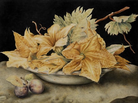 The art of coking … Still Life With Pumpkin Flowers and Vine Leaves, by Giovanna Garzoni.