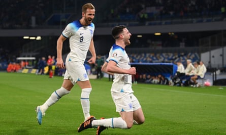 Declan Rice celebrates after giving England the lead against Italy.