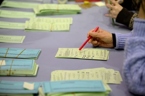 A worker counts yellow ballot papers.