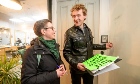 Carla Denyer, the co-leader of the Green party, pictured canvassing with the candidate for Hotwells and Harbourside in Bristol, Patrick McAllister.