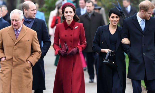 Prince Charles, Prince William, Kate, Duchess of Cambridge, Meghan, Duchess of Sussex and Prince Harry arrive for the Christmas Day service in Sandringham in December.