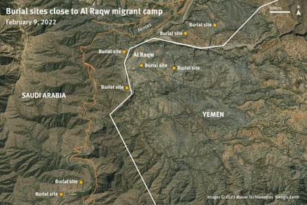 Satellite image showing the location of eight burial sites close to the Al Raqw migrant camp near the Saudi Arabia-Yemen border