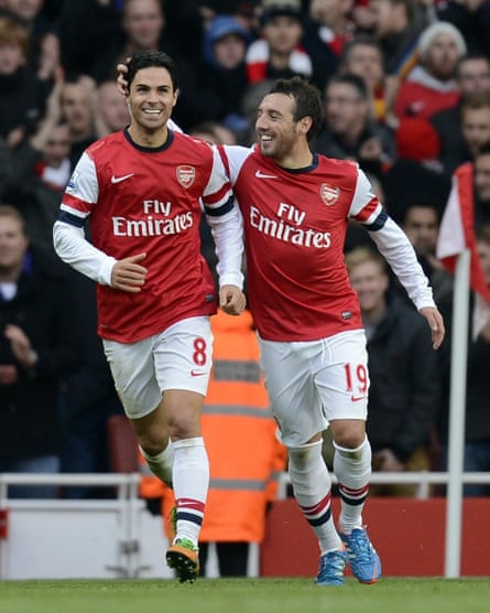 Mikel Arteta is congratulated by Santi Cazorla after scoring for Arsenal in October 2012