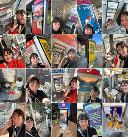 A composite of numerous photos of Caitlin Cassidy at phone booths across Sydney