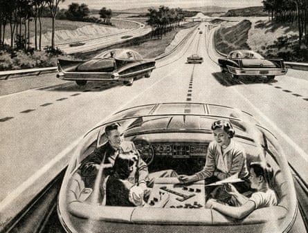 Now just 10 years away … a 1950s illustration of a family playing a board game while their electric car does the driving.