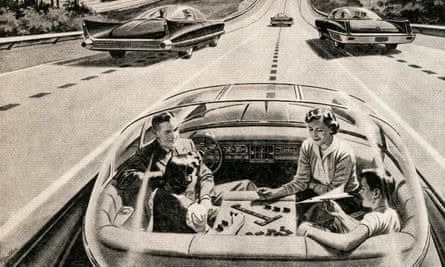 A 1950s illustration depicting a utopian world of driverless cars