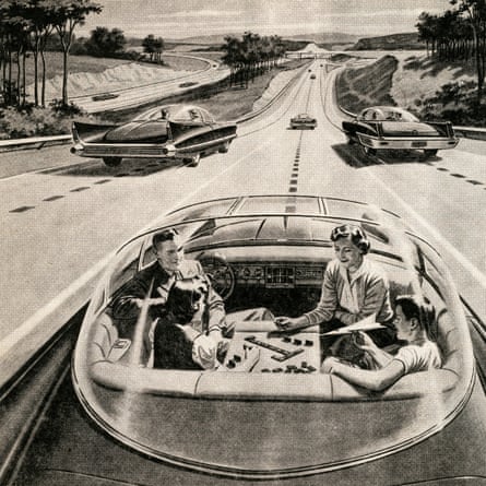 Vision of the future … a family plays a board game in their self-drive electric car in a 1957 illustration.