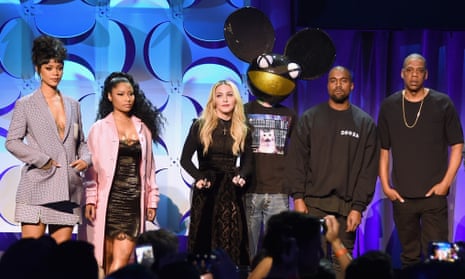 Rihanna, Nicki Minaj, Madonna, Deadmau5, Kanye West, Jay Z on stage at the Tidal launch event in March 2015.