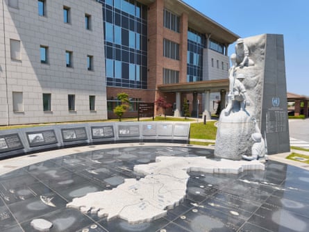 A US-South Korea alliance sculpture outside USFK headquarters at Camp Humphreys