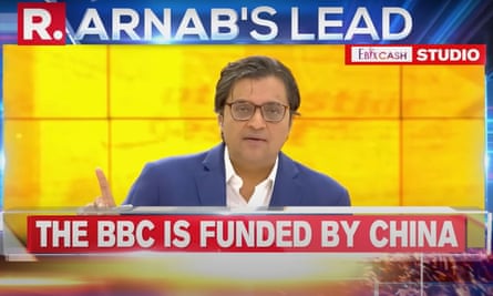 A screengrab from the Arnab Goswami hosted a debate on Republic TV with the title: Did BBC take cash from China for propaganda?