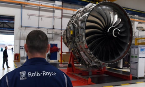 Rolls-Royce Trent XWB engines, designed for the Airbus A350, on the assembly line in Derby.