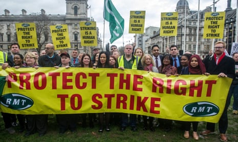 The RMT and supporters protest against  legislation that will restrict the ability of transport workers to strike, December 2019.
