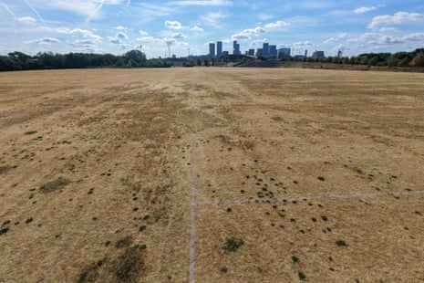 Aerial view of the dry grass of a football pitch at Hackney Marshes in London.