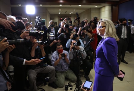 Liz Cheney speaks to reporters after she was removed from her leadership role at the US Capitol on 12 May.